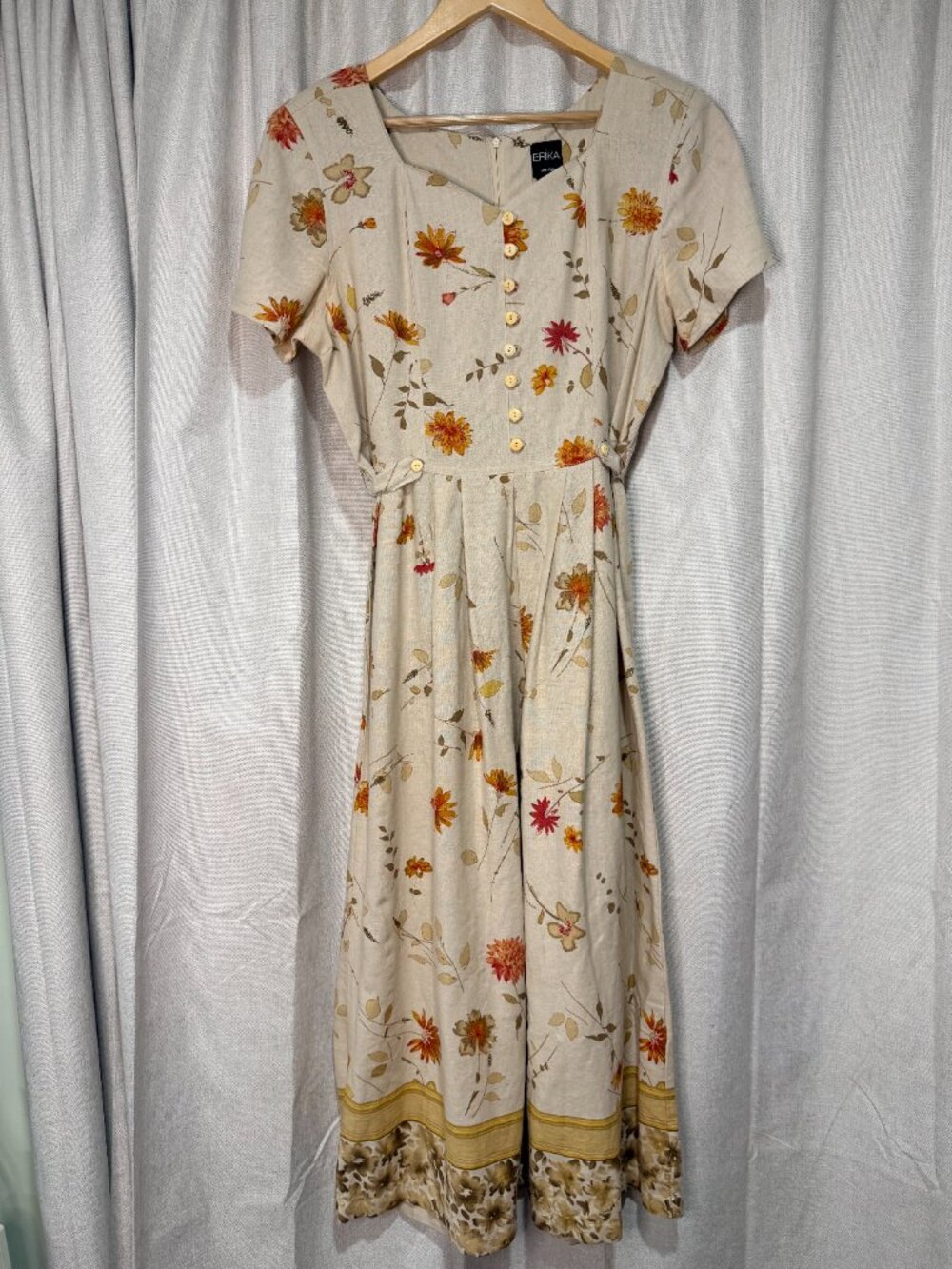 Vintage Cottagecore Erika Dresses Linen Blend Floral Midi Dress Size Medium